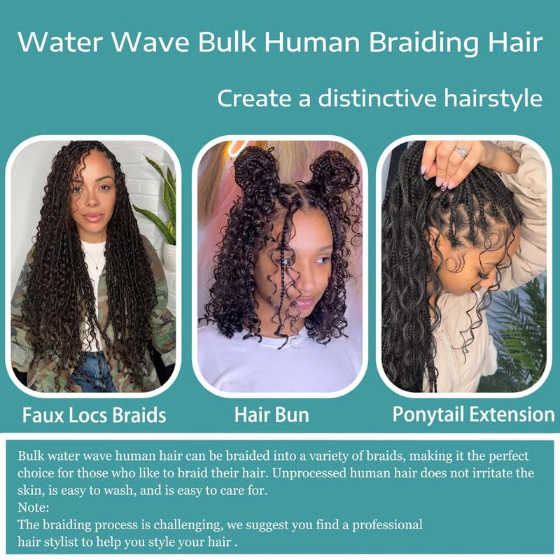 Human Braiding Hair 14Inch Water Wave Bulk Human Hair for Braiding 100G 2Bundle/Pack No Weft Human Hair Bundles for Braiding Micro Human Braiding Hair for Boho Braids(14Inch,27#)