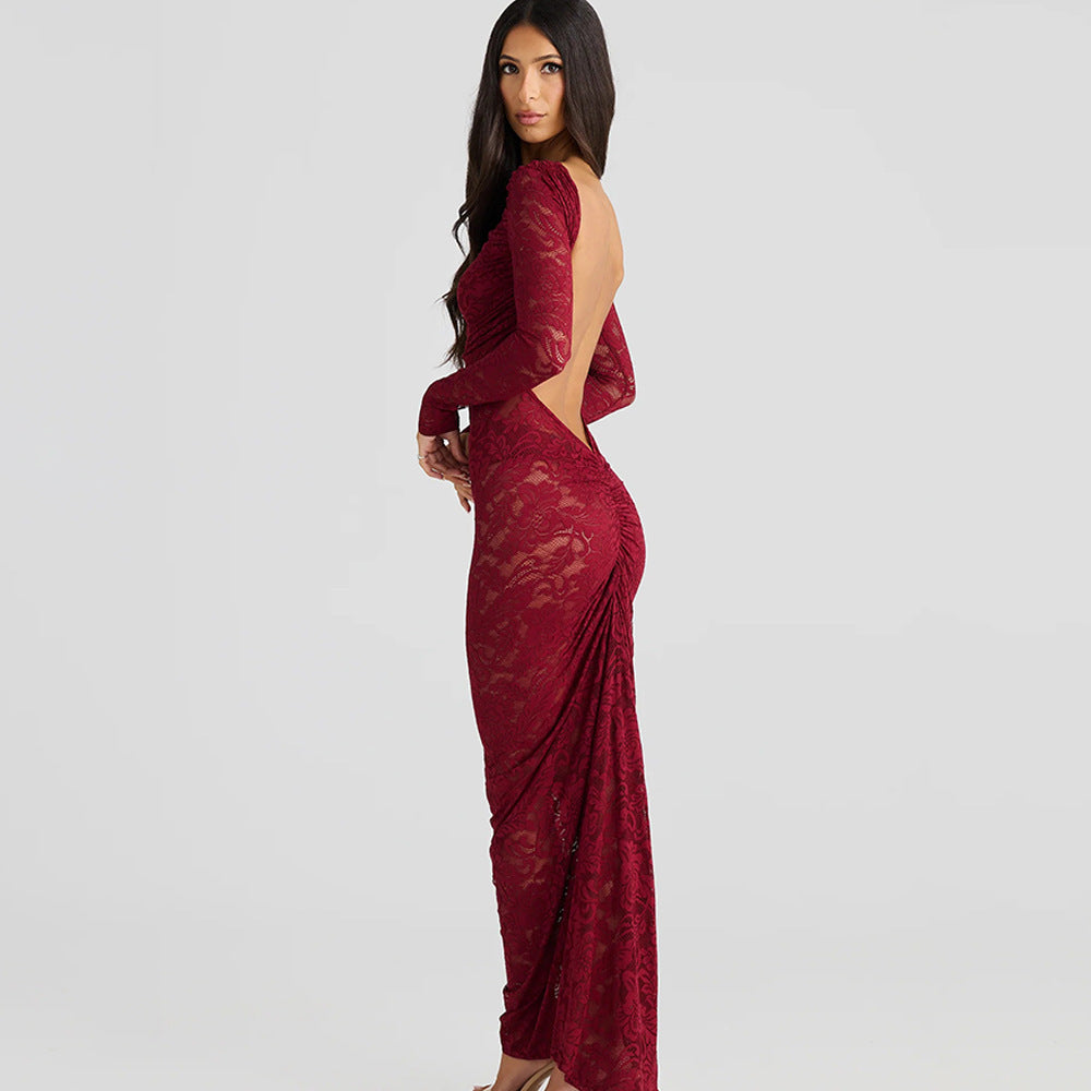 MEROKEETY Women's Fall Long Sleeve Maxi Dresses Bodycon Floral Mesh Sexy Wedding Guest Cocktail Party Dress