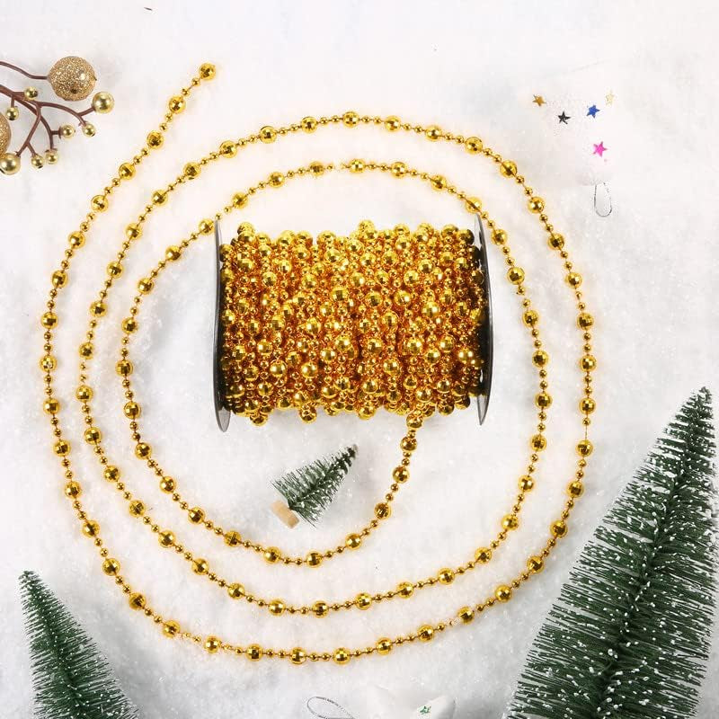 49 Ft Beaded Garland for Christmas Tree Plastic Artificial Pearl Strands String Beads Trim Roll Chain for Xmas DIY Craft Party Decoration Table Centerpiece Wedding Bouquet(Gold)