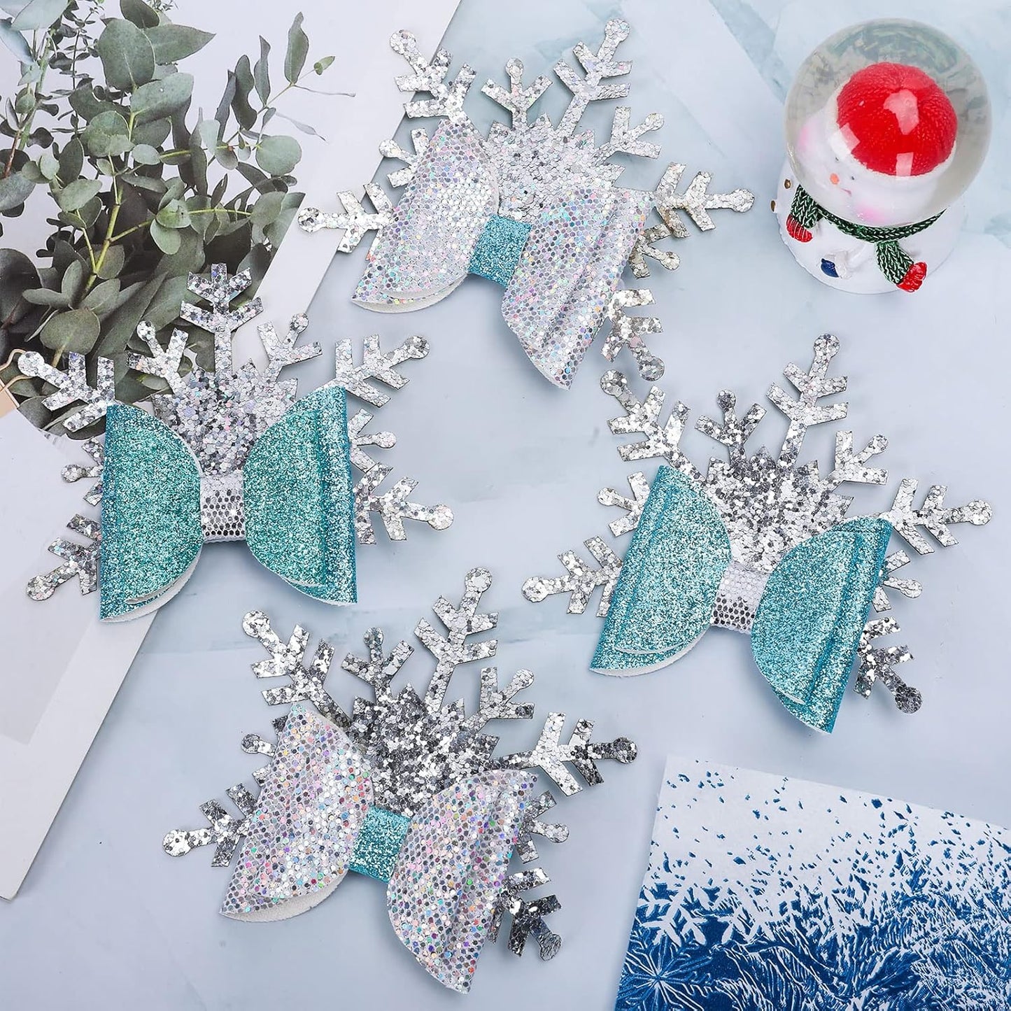 Sparkle This Christmas with 4Pcs Glitter Snowflake Hair Clips - Adorable Blue Bow Accessories for Girls and Teens!