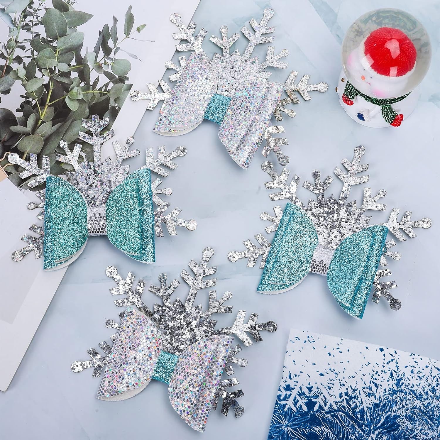 Sparkle This Christmas with 4Pcs Glitter Snowflake Hair Clips - Adorable Blue Bow Accessories for Girls and Teens!