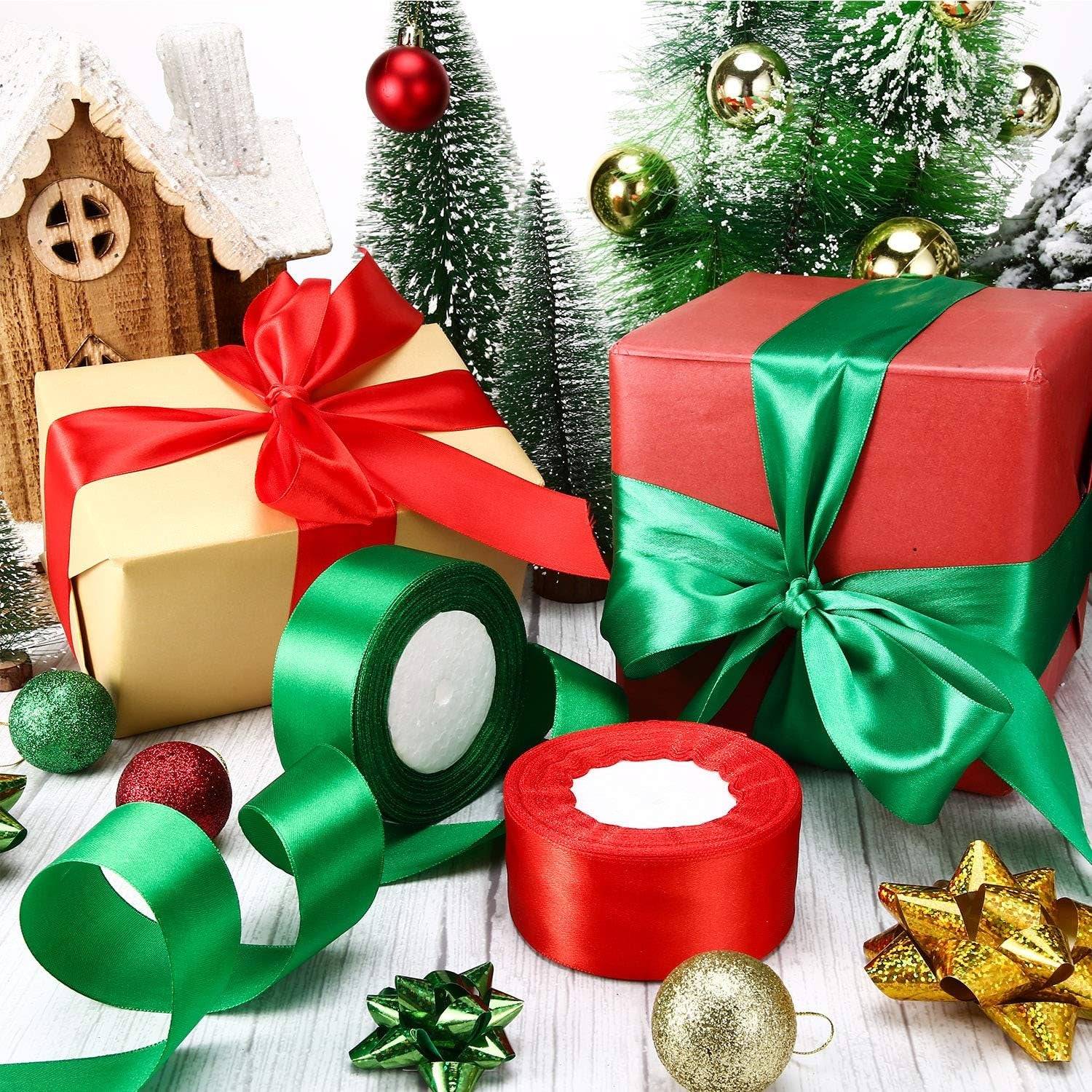 2 Rolls Christmas Satin Ribbon Double Face Polyester Wide Solid Satin Ribbon for Christmas Wedding Gift Wrapping Crafts Decoration Favor(1.5 Inch,Red, Green)