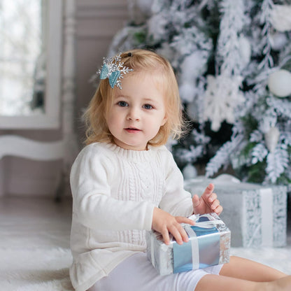 Sparkle This Christmas with 4Pcs Glitter Snowflake Hair Clips - Adorable Blue Bow Accessories for Girls and Teens!