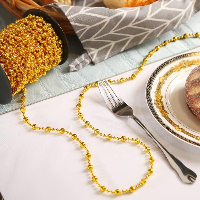 49 Ft Beaded Garland for Christmas Tree Plastic Artificial Pearl Strands String Beads Trim Roll Chain for Xmas DIY Craft Party Decoration Table Centerpiece Wedding Bouquet(Gold)