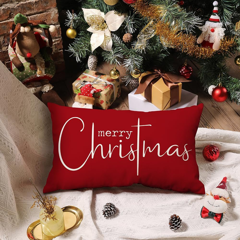 Christmas Pillow Covers Merry Christmas Throw Pillow Decorative Christmas Red Cotton Cloth Linen Cloth Pillow Cover Sofa Cover Decorative Rectangle Length 12X20 Inches