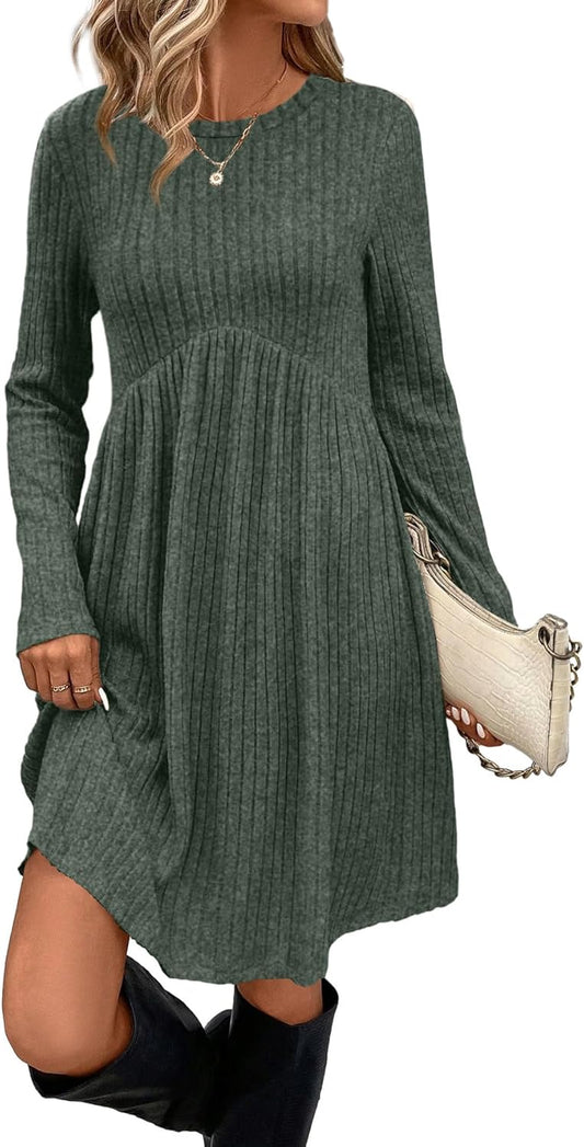 Long Sleeve Dress for Women Crew Neck Empire Waist Tunic Dress with Pockets