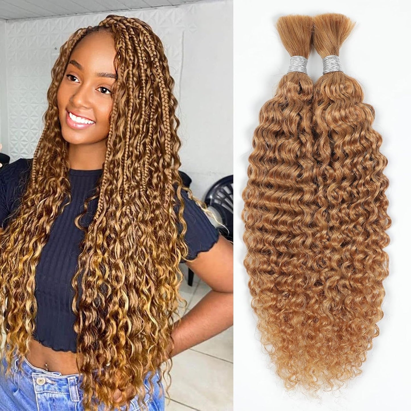 Human Braiding Hair 14Inch Water Wave Bulk Human Hair for Braiding 100G 2Bundle/Pack No Weft Human Hair Bundles for Braiding Micro Human Braiding Hair for Boho Braids(14Inch,27#)