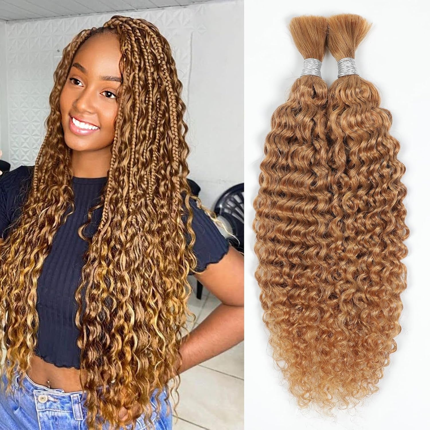 Human Braiding Hair 14Inch Water Wave Bulk Human Hair for Braiding 100G 2Bundle/Pack No Weft Human Hair Bundles for Braiding Micro Human Braiding Hair for Boho Braids(14Inch,27#)