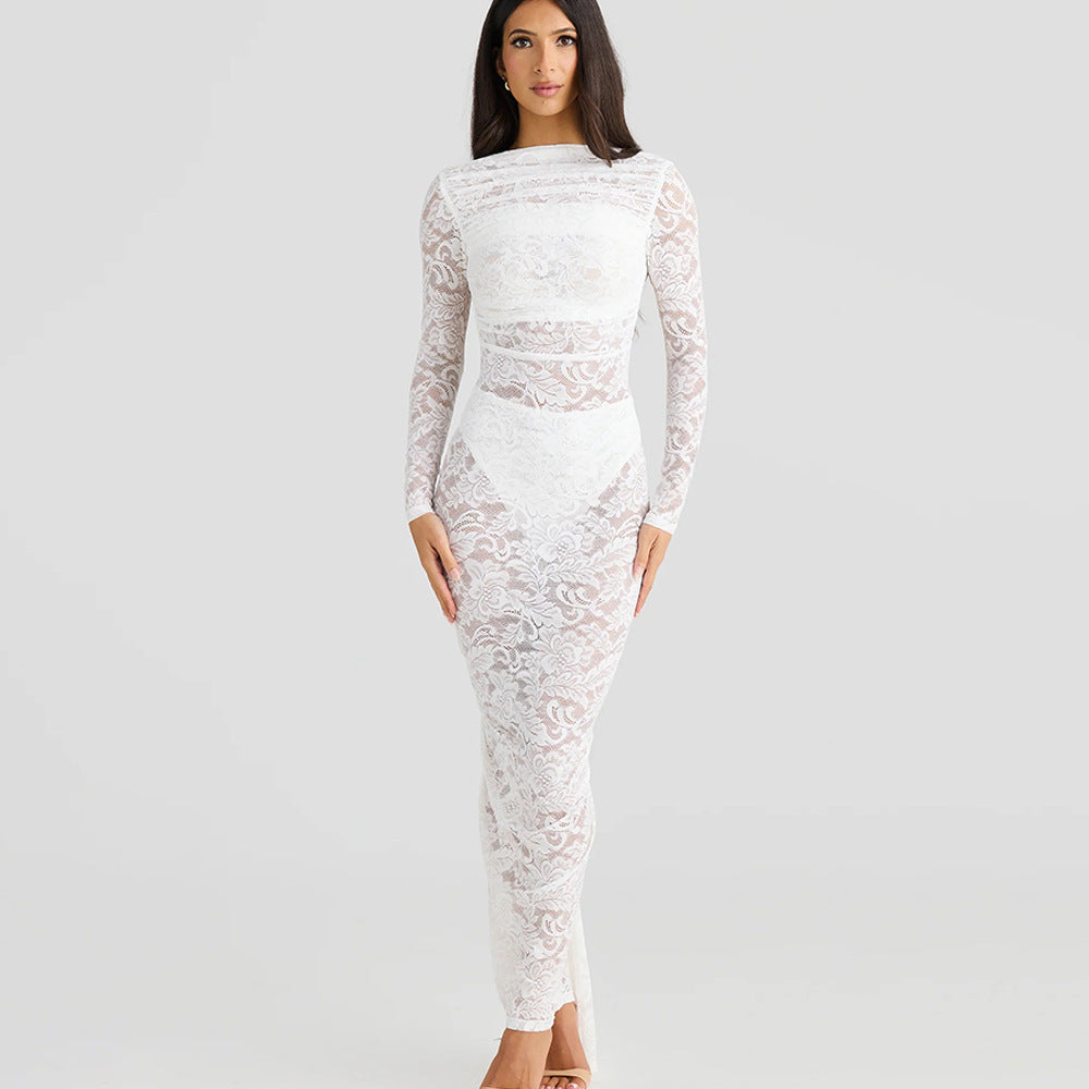 MEROKEETY Women's Fall Long Sleeve Maxi Dresses Bodycon Floral Mesh Sexy Wedding Guest Cocktail Party Dress