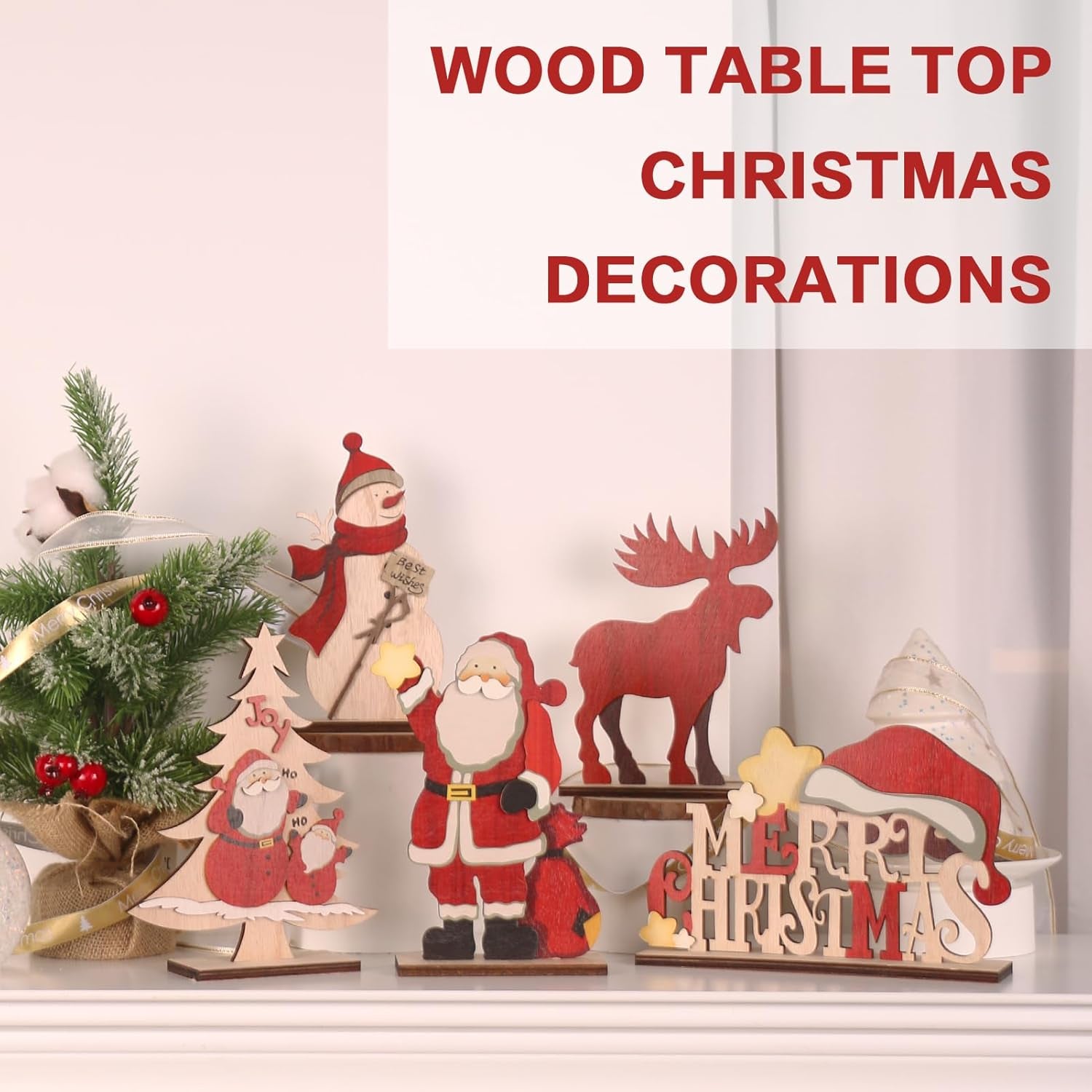 Charming Rustic Wooden Christmas Tabletop Decor Set - 5PCS Featuring Santa, Snowman, Reindeer, and Festive Tree