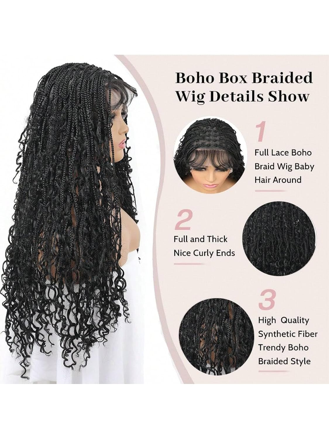 28Inch Boho Knotless Braided Wigs for Black Women Bohemian Box Braided Wigs Double Full Lace Braided Wigs with Baby Hair Synthetic Boho Braid Wig Natural Black (1B, 28 Inch)