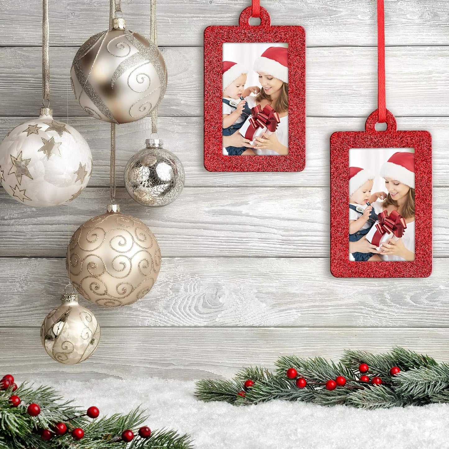 20 Pieces Christmas Photo Frames Ornament Mini Felt Hanging Picture Frame Christmas Tree Hanging Ornament for Family Xmas Holiday Party Decoration, Glitter 5 X 7 Cm(Red)