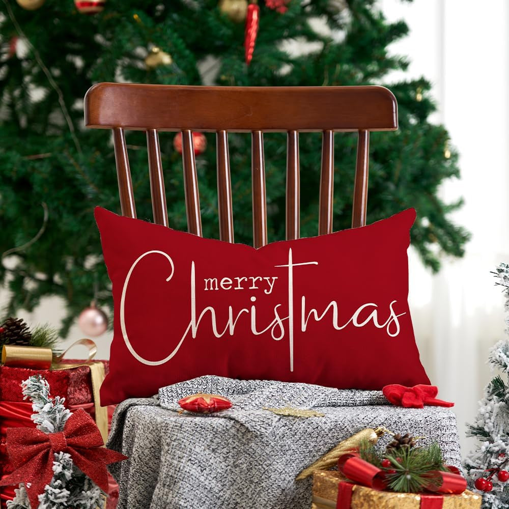 Christmas Pillow Covers Merry Christmas Throw Pillow Decorative Christmas Red Cotton Cloth Linen Cloth Pillow Cover Sofa Cover Decorative Rectangle Length 12X20 Inches