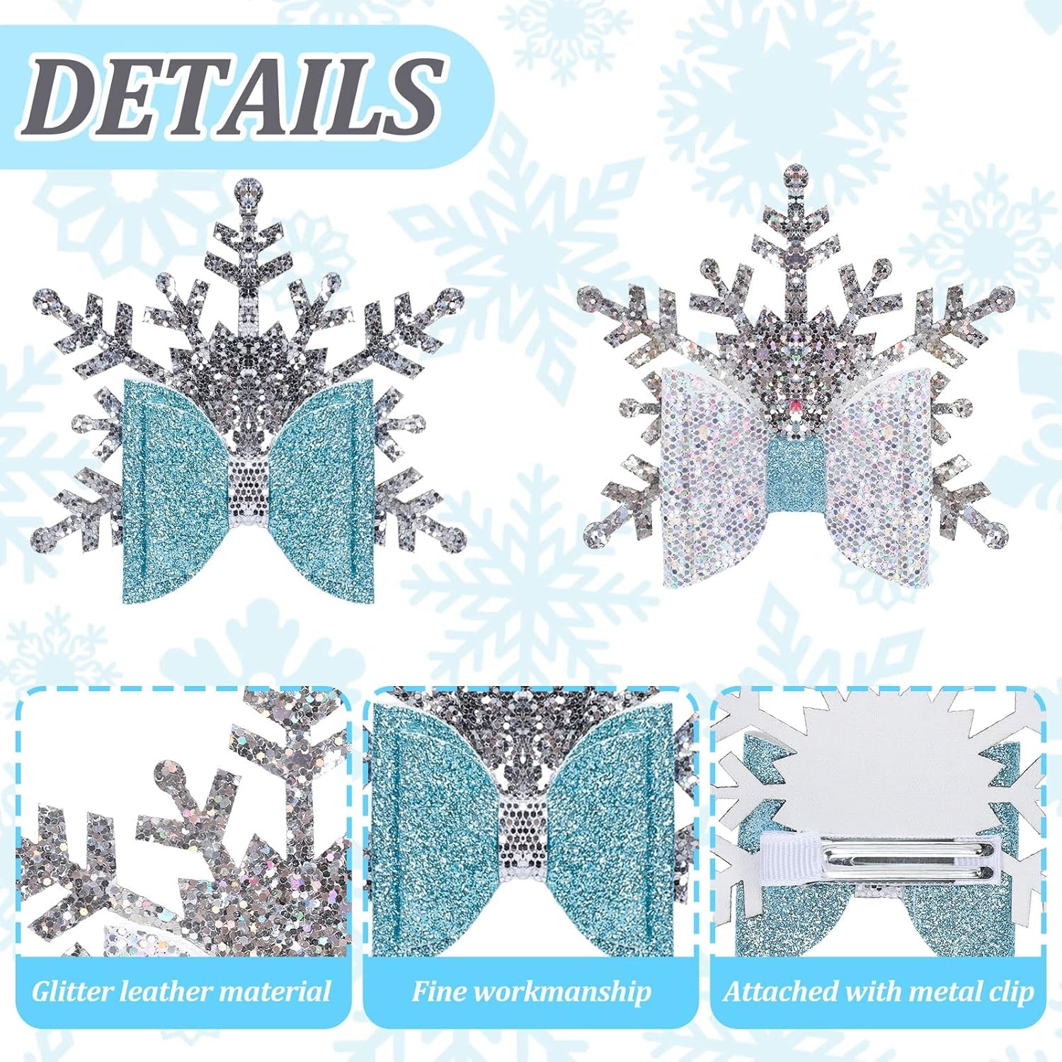 Sparkle This Christmas with 4Pcs Glitter Snowflake Hair Clips - Adorable Blue Bow Accessories for Girls and Teens!