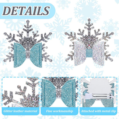 Sparkle This Christmas with 4Pcs Glitter Snowflake Hair Clips - Adorable Blue Bow Accessories for Girls and Teens!