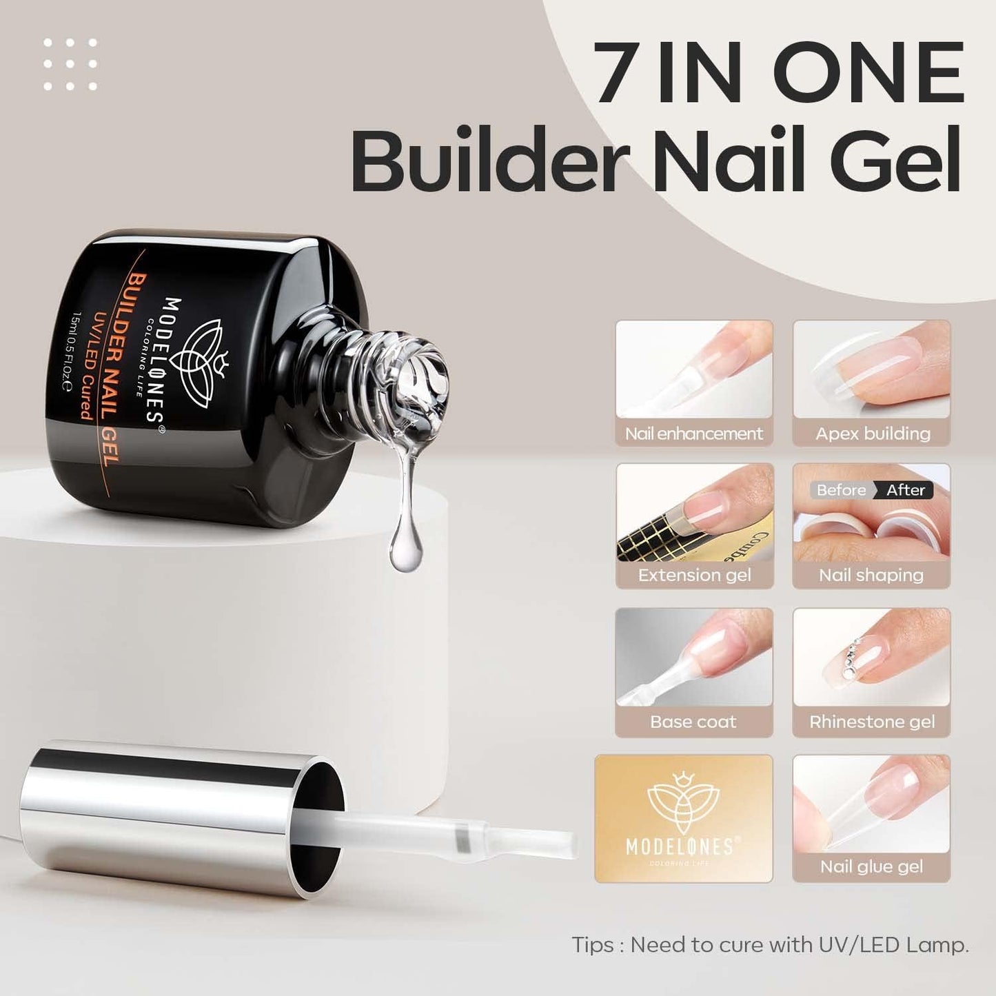Builder Nail Gel, 7-In-One Clear Builder for Nails, LED Lamp Cured Color Rubber Base Gel Polish Coat Strengthener Thickening Extension Rhinestone Glue in a Bottle for DIY Home Salon Gifts