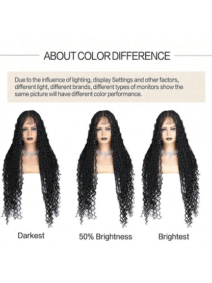 28Inch Boho Knotless Braided Wigs for Black Women Bohemian Box Braided Wigs Double Full Lace Braided Wigs with Baby Hair Synthetic Boho Braid Wig Natural Black (1B, 28 Inch)