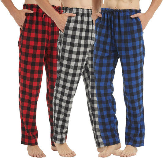 Flannel Mens Pajama Pants 3 Pack Cotton Red Plaid Pajamas Bottoms with Pockets Drawstring Lounge Sleepwear Christmas PJ