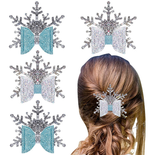 Sparkle This Christmas with 4Pcs Glitter Snowflake Hair Clips - Adorable Blue Bow Accessories for Girls and Teens!