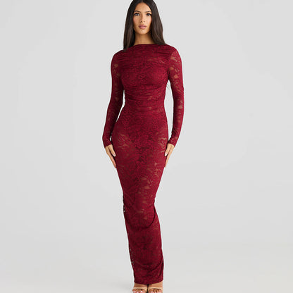 MEROKEETY Women's Fall Long Sleeve Maxi Dresses Bodycon Floral Mesh Sexy Wedding Guest Cocktail Party Dress