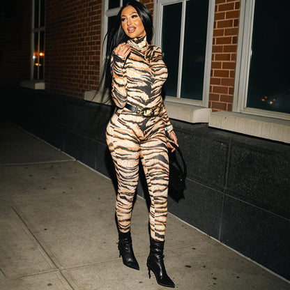 Women's Sexy Tiger Pattern Positioning Printed Turtleneck Jumpsuit