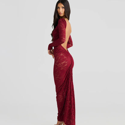 MEROKEETY Women's Fall Long Sleeve Maxi Dresses Bodycon Floral Mesh Sexy Wedding Guest Cocktail Party Dress