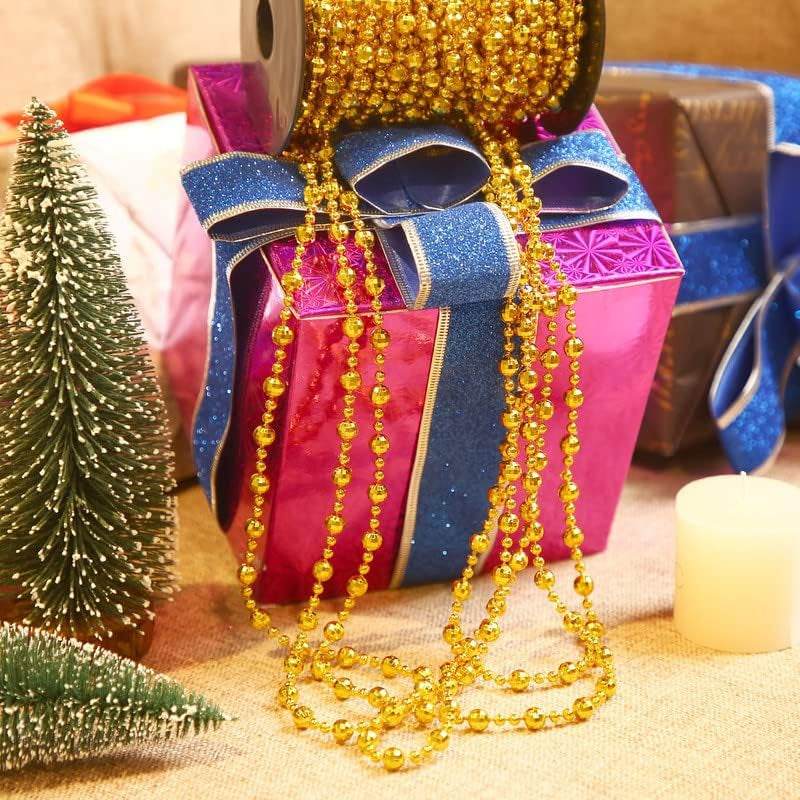 49 Ft Beaded Garland for Christmas Tree Plastic Artificial Pearl Strands String Beads Trim Roll Chain for Xmas DIY Craft Party Decoration Table Centerpiece Wedding Bouquet(Gold)