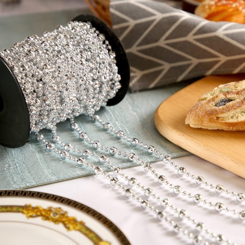 49 Ft Beaded Garland for Christmas Tree Plastic Artificial Pearl Strands String Beads Trim Roll Chain for Xmas DIY Craft Party Decoration Table Centerpiece Wedding Bouquet(Silver)