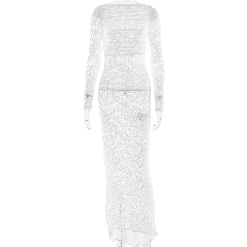 MEROKEETY Women's Fall Long Sleeve Maxi Dresses Bodycon Floral Mesh Sexy Wedding Guest Cocktail Party Dress