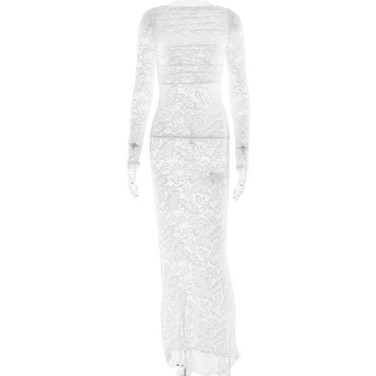 MEROKEETY Women's Fall Long Sleeve Maxi Dresses Bodycon Floral Mesh Sexy Wedding Guest Cocktail Party Dress