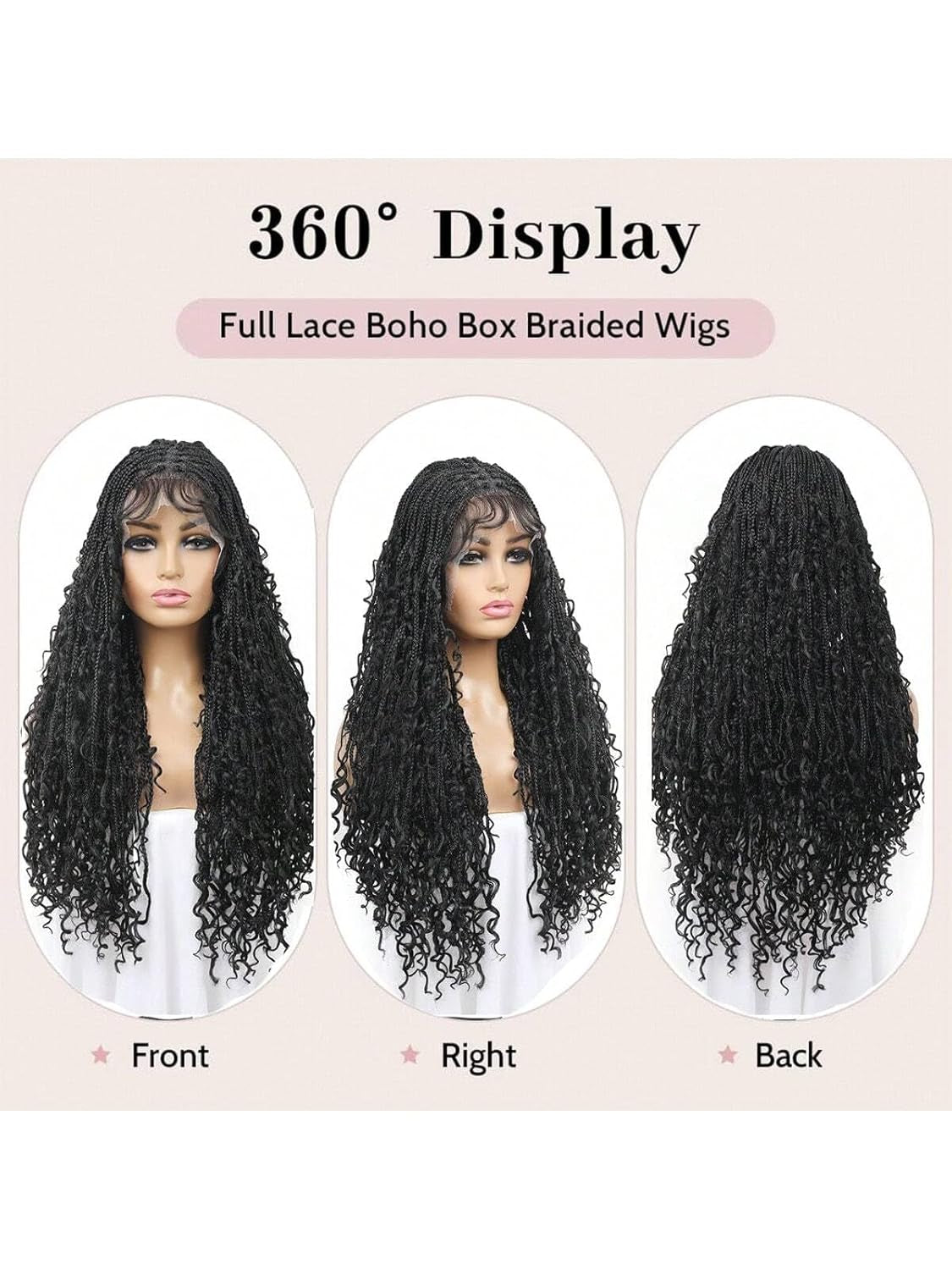28Inch Boho Knotless Braided Wigs for Black Women Bohemian Box Braided Wigs Double Full Lace Braided Wigs with Baby Hair Synthetic Boho Braid Wig Natural Black (1B, 28 Inch)