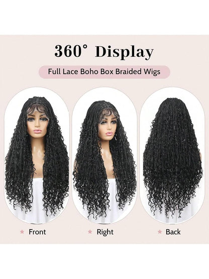 28Inch Boho Knotless Braided Wigs for Black Women Bohemian Box Braided Wigs Double Full Lace Braided Wigs with Baby Hair Synthetic Boho Braid Wig Natural Black (1B, 28 Inch)