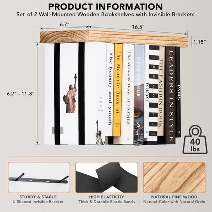Floating Book Shelves for Wall Mounted Set of 2 - Upside down Space Saving