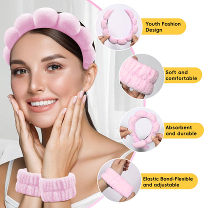 Spa Headband for Washing Face, Cute Skincare Headband and Wristband with Hair Clips Set for Women Girl, Soft-Puffy Velvet Makeup Headbands (Pink)