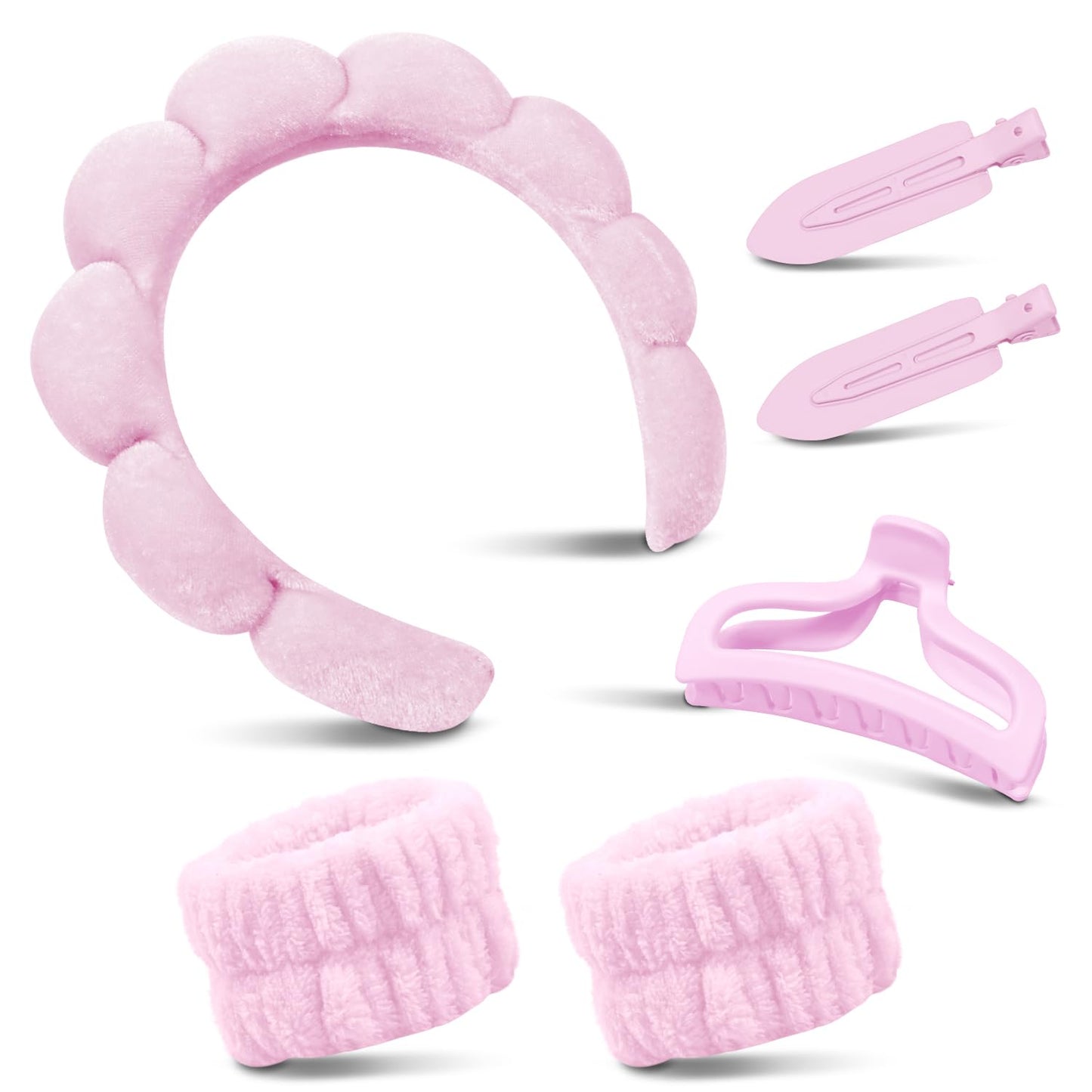 Spa Headband for Washing Face, Cute Skincare Headband and Wristband with Hair Clips Set for Women Girl, Soft-Puffy Velvet Makeup Headbands (Pink)