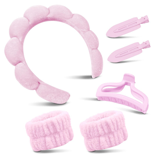Spa Headband for Washing Face, Cute Skincare Headband and Wristband with Hair Clips Set for Women Girl, Soft-Puffy Velvet Makeup Headbands (Pink)