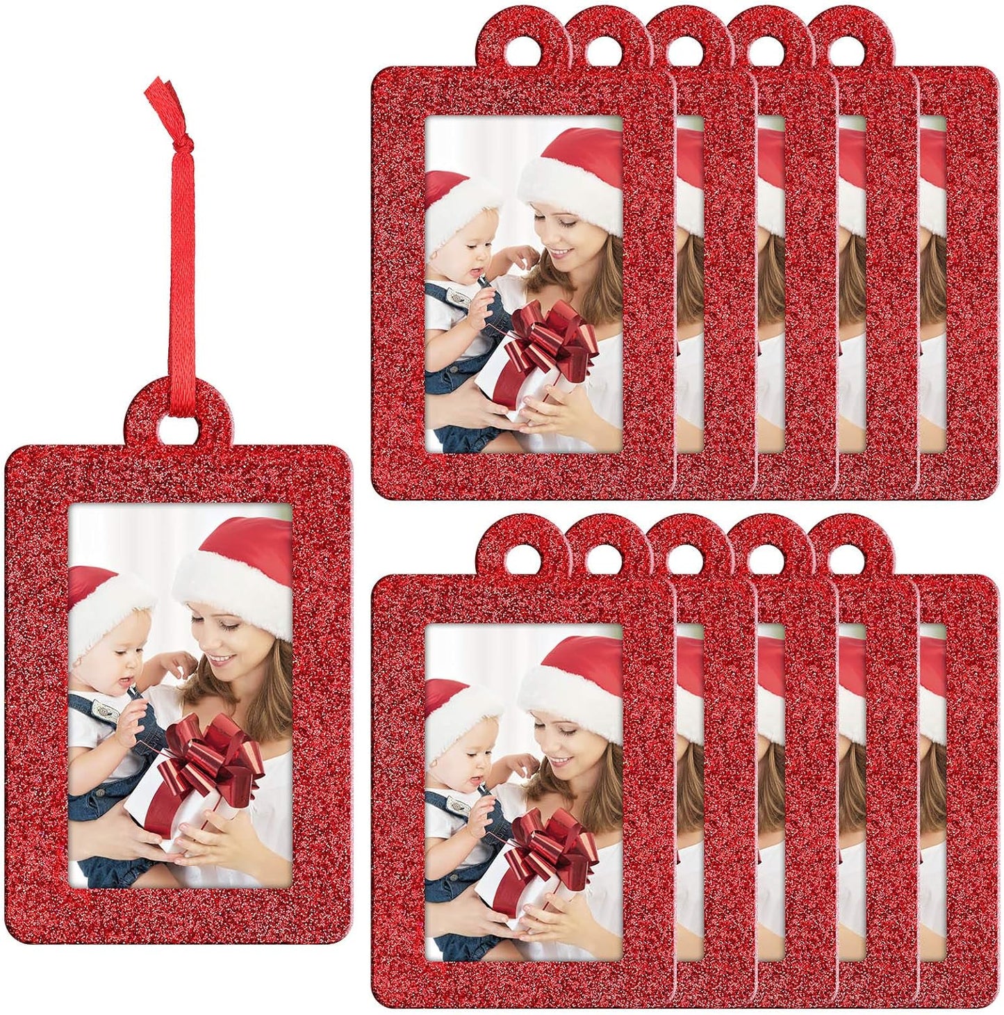 20 Pieces Christmas Photo Frames Ornament Mini Felt Hanging Picture Frame Christmas Tree Hanging Ornament for Family Xmas Holiday Party Decoration, Glitter 5 X 7 Cm(Red)