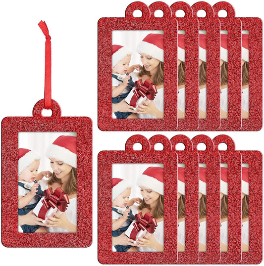 20 Pieces Christmas Photo Frames Ornament Mini Felt Hanging Picture Frame Christmas Tree Hanging Ornament for Family Xmas Holiday Party Decoration, Glitter 5 X 7 Cm(Red)