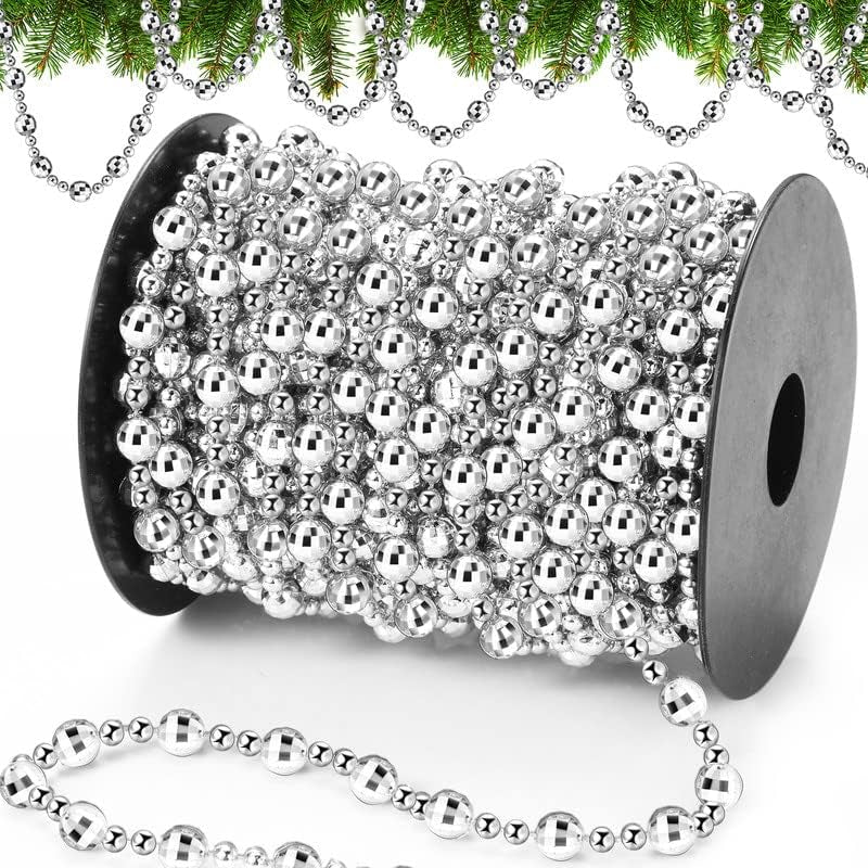 49 Ft Beaded Garland for Christmas Tree Plastic Artificial Pearl Strands String Beads Trim Roll Chain for Xmas DIY Craft Party Decoration Table Centerpiece Wedding Bouquet(Silver)