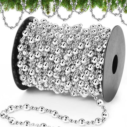 49 Ft Beaded Garland for Christmas Tree Plastic Artificial Pearl Strands String Beads Trim Roll Chain for Xmas DIY Craft Party Decoration Table Centerpiece Wedding Bouquet(Silver)