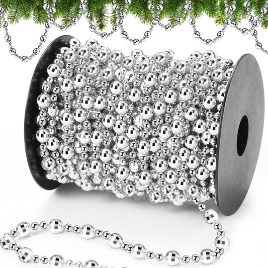 49 Ft Beaded Garland for Christmas Tree Plastic Artificial Pearl Strands String Beads Trim Roll Chain for Xmas DIY Craft Party Decoration Table Centerpiece Wedding Bouquet(Silver)
