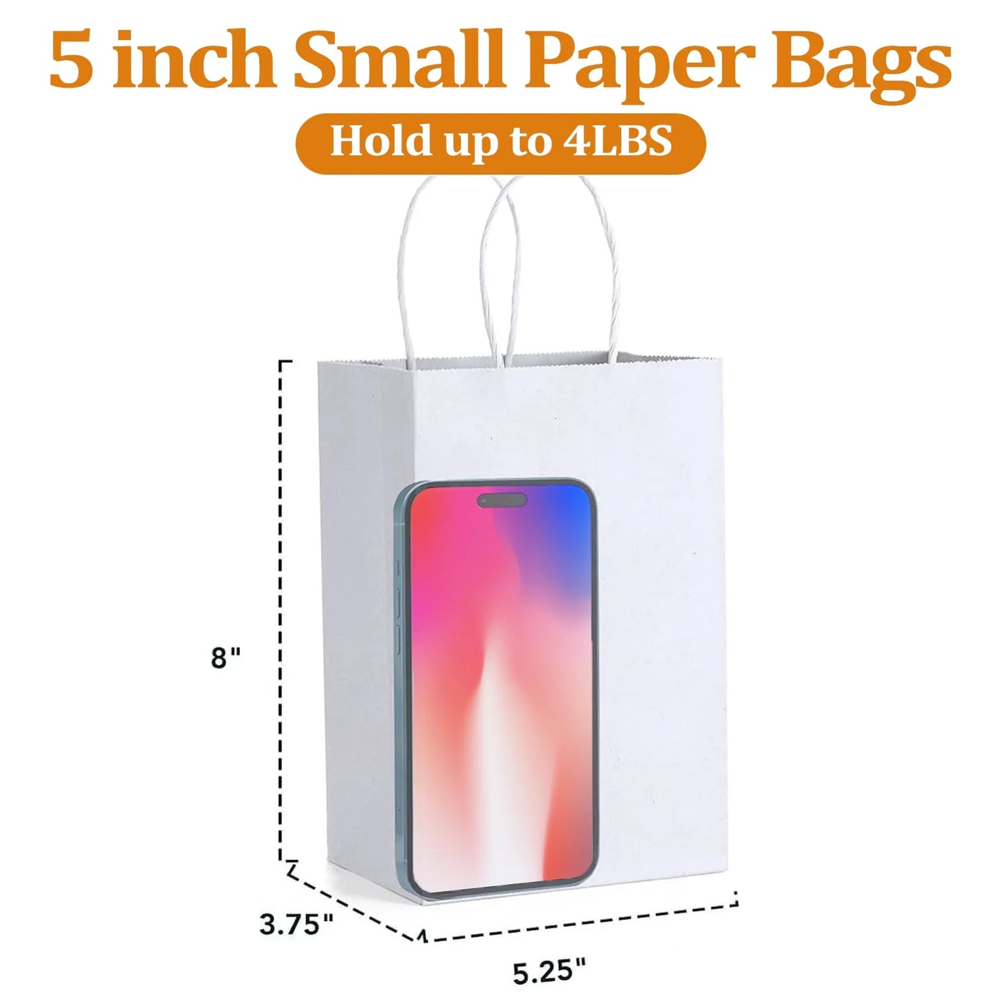 100 Pack White Gift Bags with Handle, 5.25X3.75X8" Small Kraft Paper Bags for Birthday Wedding Party Favors Grocery Retail Business