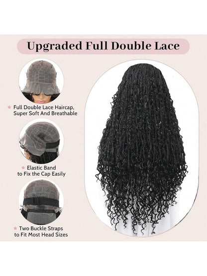 28Inch Boho Knotless Braided Wigs for Black Women Bohemian Box Braided Wigs Double Full Lace Braided Wigs with Baby Hair Synthetic Boho Braid Wig Natural Black (1B, 28 Inch)