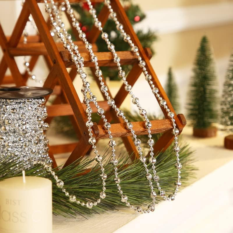 49 Ft Beaded Garland for Christmas Tree Plastic Artificial Pearl Strands String Beads Trim Roll Chain for Xmas DIY Craft Party Decoration Table Centerpiece Wedding Bouquet(Silver)