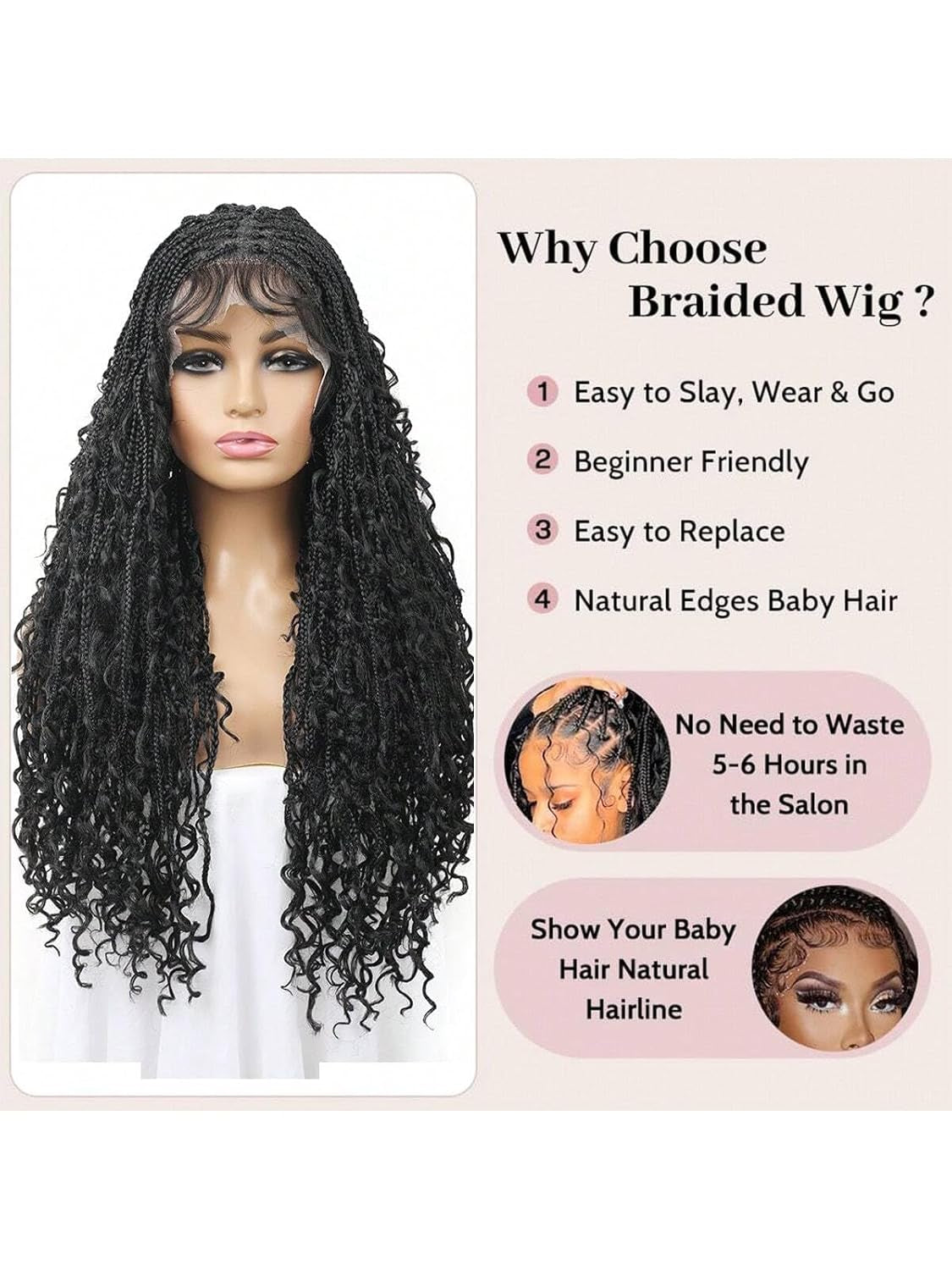 28Inch Boho Knotless Braided Wigs for Black Women Bohemian Box Braided Wigs Double Full Lace Braided Wigs with Baby Hair Synthetic Boho Braid Wig Natural Black (1B, 28 Inch)