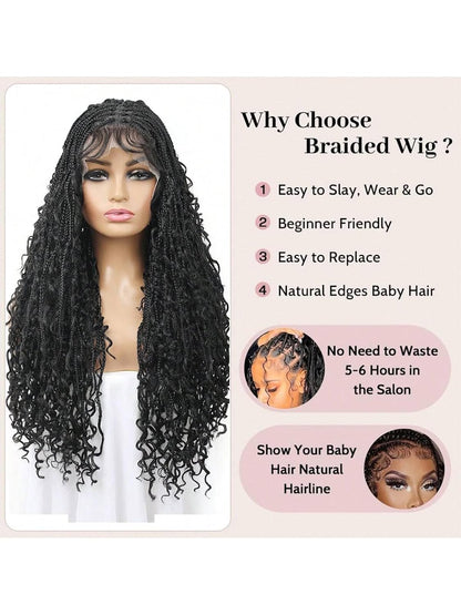 28Inch Boho Knotless Braided Wigs for Black Women Bohemian Box Braided Wigs Double Full Lace Braided Wigs with Baby Hair Synthetic Boho Braid Wig Natural Black (1B, 28 Inch)