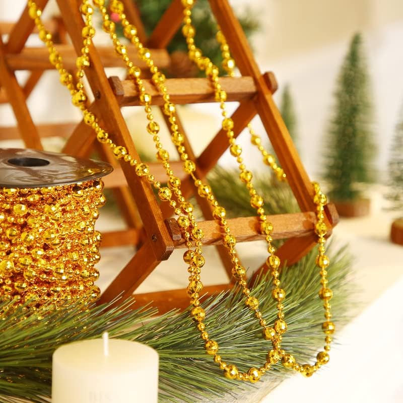 49 Ft Beaded Garland for Christmas Tree Plastic Artificial Pearl Strands String Beads Trim Roll Chain for Xmas DIY Craft Party Decoration Table Centerpiece Wedding Bouquet(Gold)