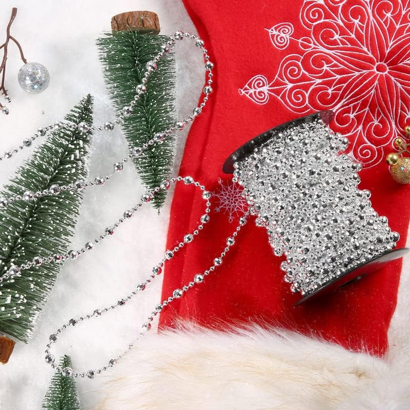 49 Ft Beaded Garland for Christmas Tree Plastic Artificial Pearl Strands String Beads Trim Roll Chain for Xmas DIY Craft Party Decoration Table Centerpiece Wedding Bouquet(Silver)