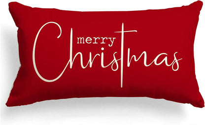 Christmas Pillow Covers Merry Christmas Throw Pillow Decorative Christmas Red Cotton Cloth Linen Cloth Pillow Cover Sofa Cover Decorative Rectangle Length 12X20 Inches