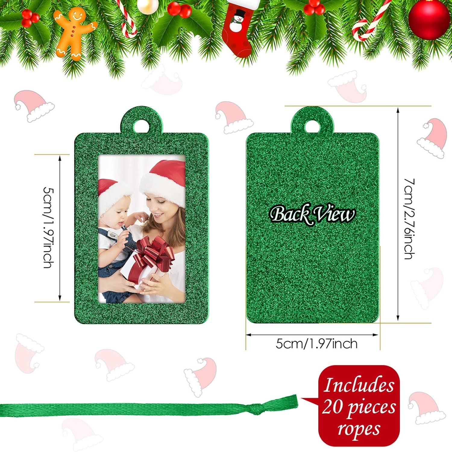 20 Pieces Christmas Photo Frames Ornament Mini Felt Hanging Picture Frame Christmas Tree Hanging Ornament for Family Xmas Holiday Party Decoration, Glitter 5 X 7 Cm(Green)